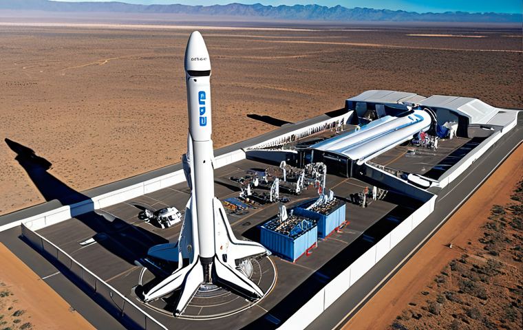**A vibrant scene depicting a futuristic spaceport bustling with activity, featuring SpaceX's Falcon 9 rocket launching, Blue Origin's New Glenn rocket on the launchpad, and Virgin Galactic's SpaceShipTwo preparing for takeoff, all under a backdrop of Earth from space. Include diverse entrepreneurs and engineers discussing innovative space business models.**