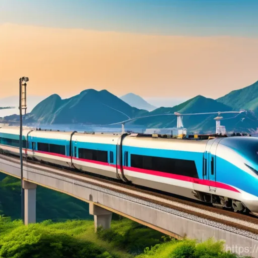 고속철도 정책 - A sleek, modern Korean high-speed train (similar to KTX or SRT) gracefully curves along a breathtaki...