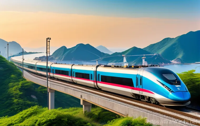 고속철도 정책 - A sleek, modern Korean high-speed train (similar to KTX or SRT) gracefully curves along a breathtaki...