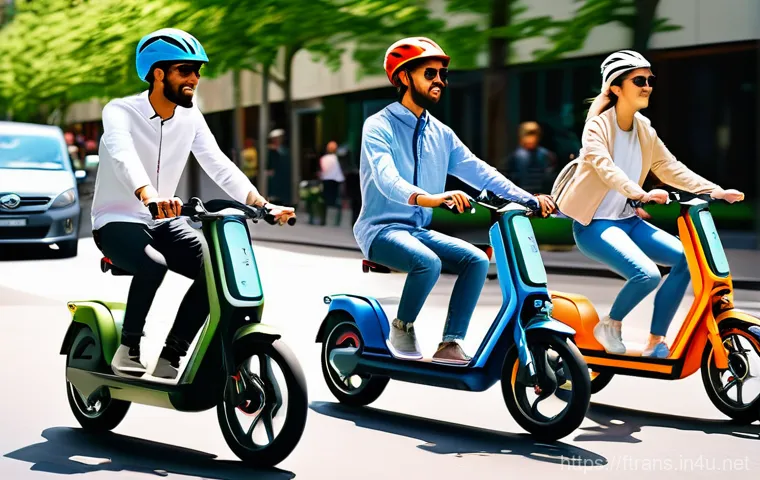 공유 스쿠터 - **Prompt 1: Urban Convenience and Joyful Mobility**
    "A vibrant, sunny urban scene during the day...