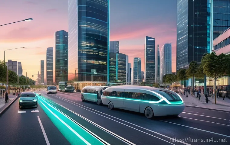 5G 스마트 교통 - **Prompt 1: AI-Powered Smart City Traffic Flow**
    "A bustling, futuristic cityscape at dawn, with...