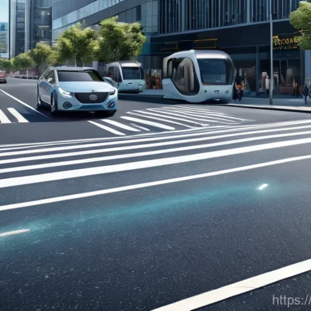 5G 차세대 교통 - A sleek, futuristic autonomous vehicle glides smoothly through a bustling smart city intersection on...