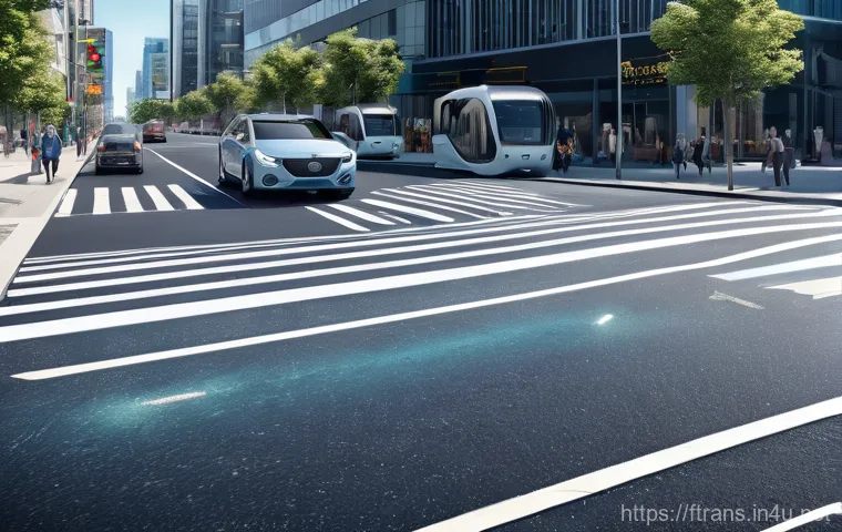 5G 차세대 교통 - A sleek, futuristic autonomous vehicle glides smoothly through a bustling smart city intersection on...