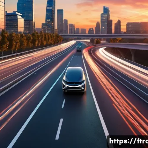 5G 자율주행차 통신 - A hyper-realistic image of multiple sleek, futuristic autonomous vehicles gracefully navigating a mu...