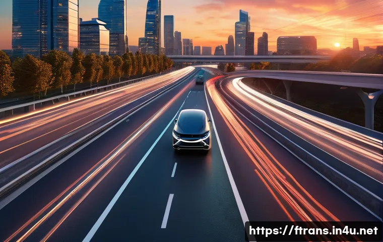 5G 자율주행차 통신 - A hyper-realistic image of multiple sleek, futuristic autonomous vehicles gracefully navigating a mu...