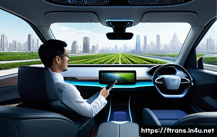 스마트 시티 교통 인프라 - **Prompt 1: Autonomous Commute in a Futuristic Smart City**
A wide shot from the interior of a l...