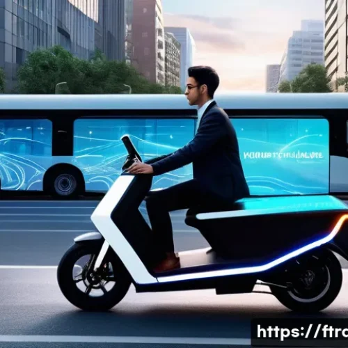 모빌리티 서비스 혁신 - **Seamless Urban Mobility Journey**: A dynamic, vibrant cityscape at dusk, depicting a young profess...