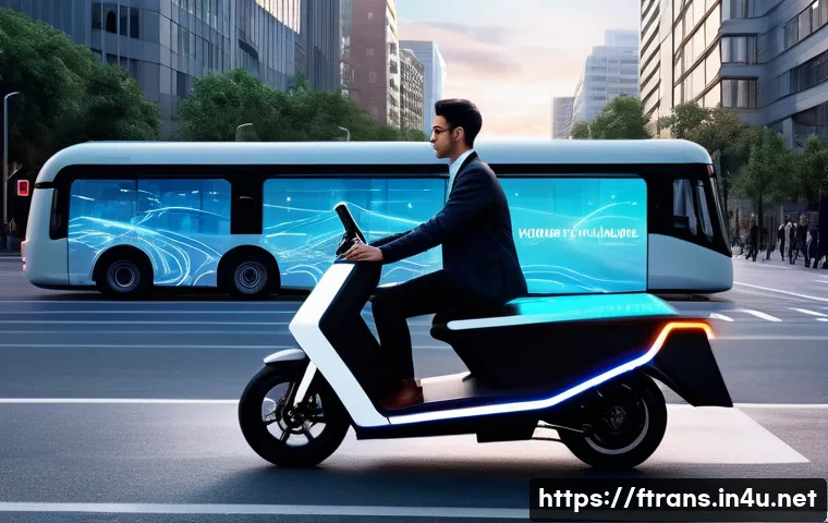 모빌리티 서비스 혁신 - **Seamless Urban Mobility Journey**: A dynamic, vibrant cityscape at dusk, depicting a young profess...